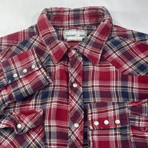 VTG Wrangler Wrancher Flannel Shirt Men XXL? Red Plaid Long Sleeve Western Pearl